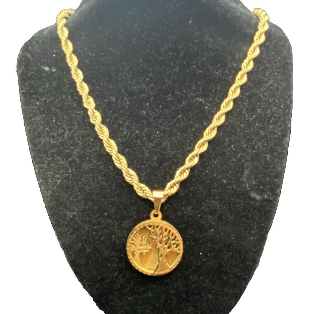 Two Trees 2D Pendant Rope Chain Necklace Gold Tone Stainless Steel 5 mm 24"